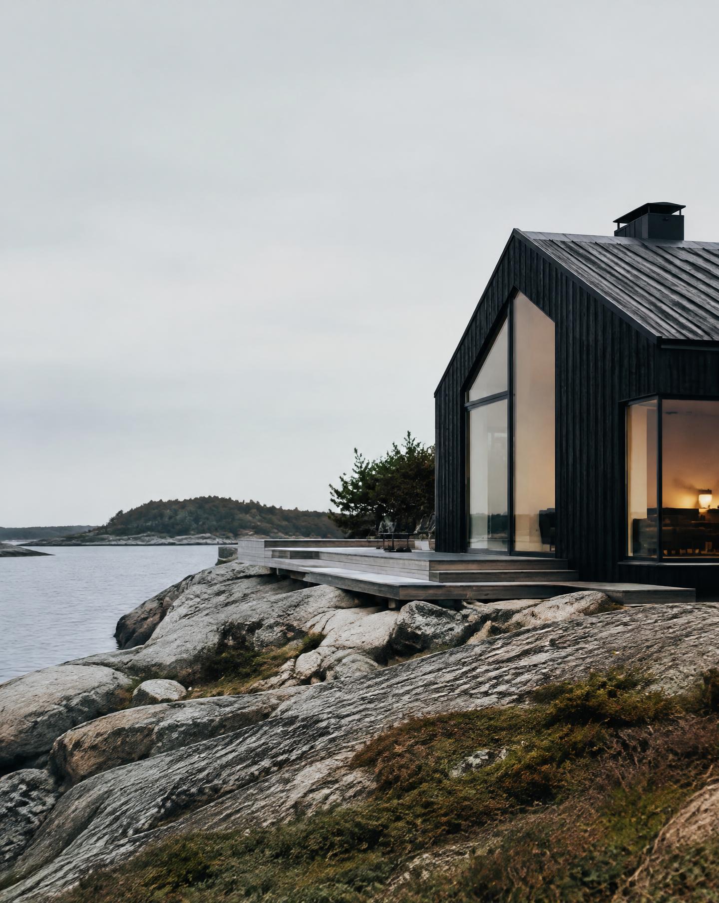 Svartbetsat trähus på klipporna vid havet