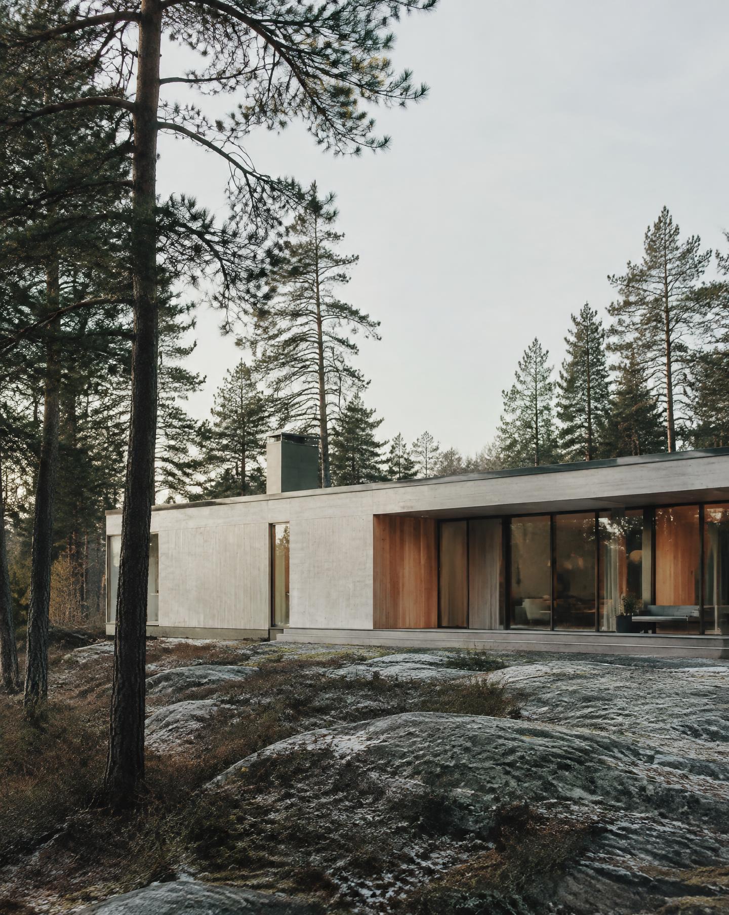 Låg villa i betong och trä bland tallar