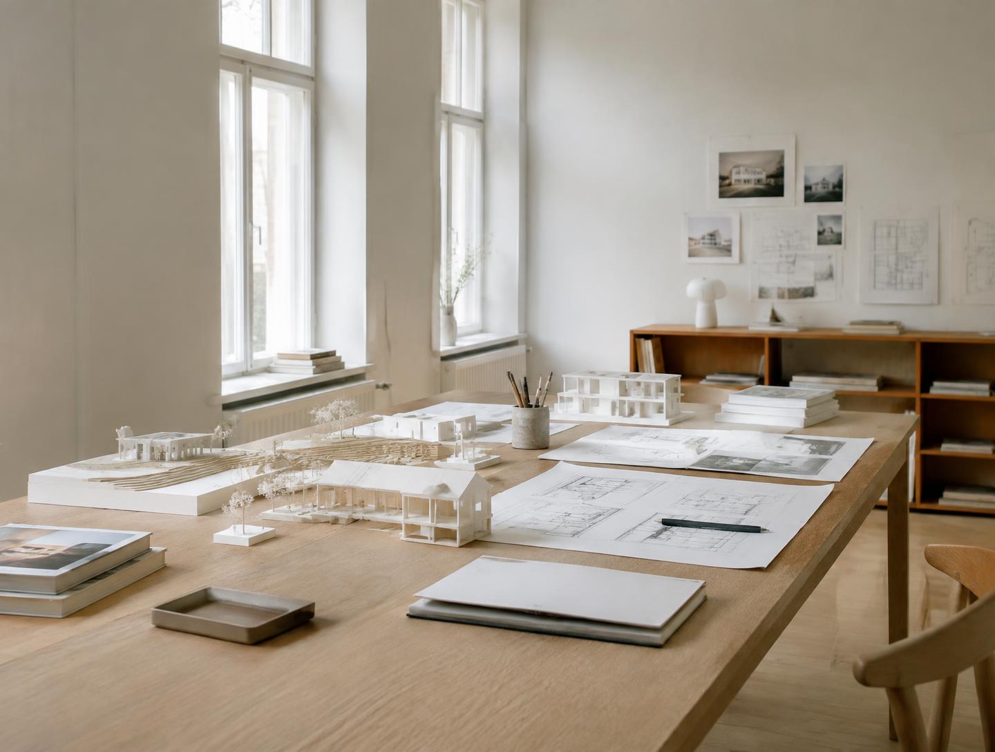 Arkitektkontor med vita modeller och ritningar på ett ekbord